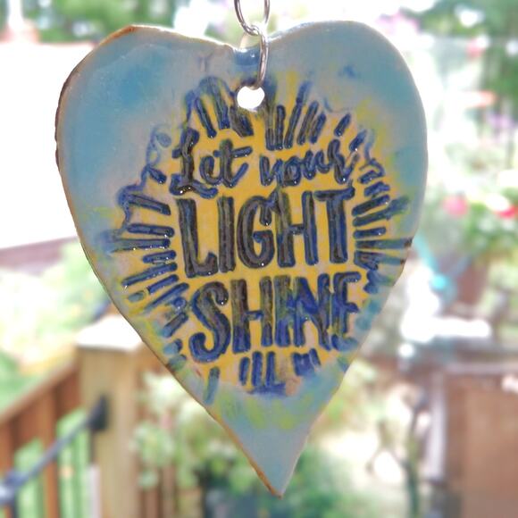 Artisan Ceramic Heart Beaded Suncatcher Inscribed Let Your Light Shine Colorful - Picture 9 of 12